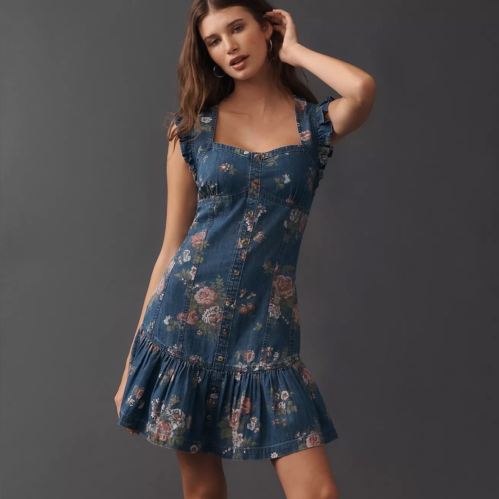 NWT Anthropologie Pilcro Ruffled Denim Sweetheart Denim Dress - size M